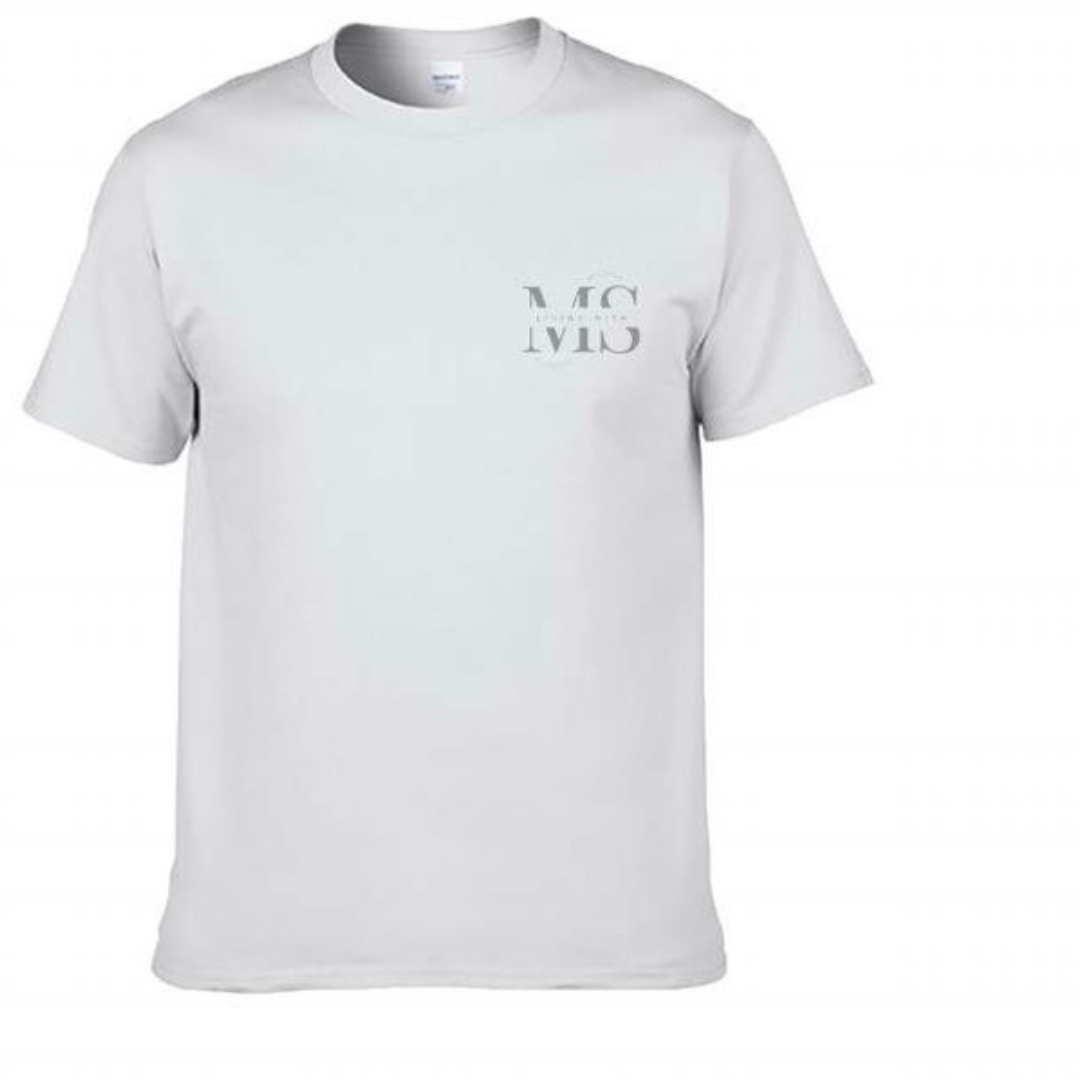 White, short sleeved unisex T-Shirt with grey logo. Logo reads Living With, through the middle of letters MS