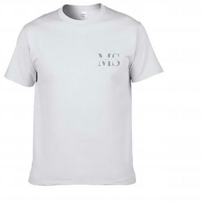 White, short sleeved unisex T-Shirt with grey logo. Logo reads Living With, through the middle of letters MS